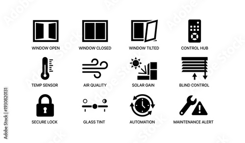 Smart home icons: windows, sensors, automation, maintenance, security