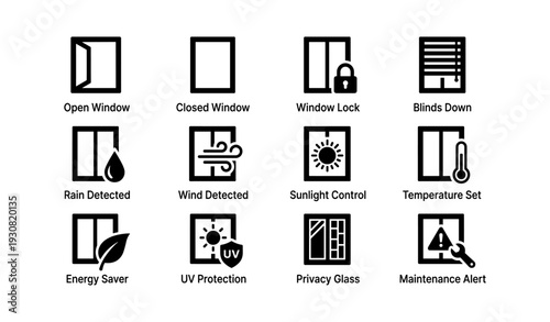 Smart home weather and security icons: control, safety, efficiency features