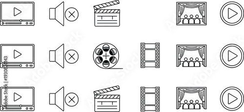 Cinema and Video Media Line Icons Set with Play Button, Clapperboard, Film Reel, Theater Stage and Volume Control Symbols
