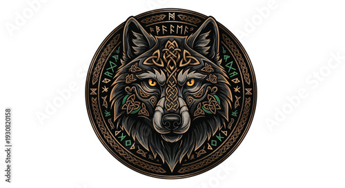 Intricate circular design featuring a wolf s face with runic symbols