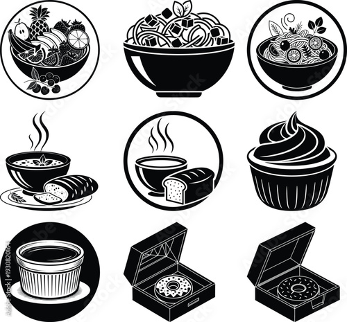 Nine black and white food including bowls, cakes, and boxes food bowls soups salads bread