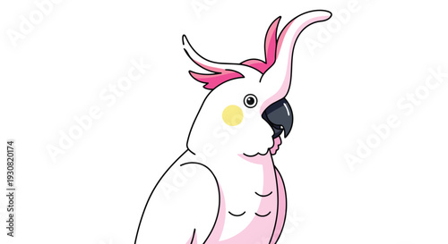 Charming Illustration of a White Cockatoo with a Pink Crest and Yellow Cheeks on a White Background