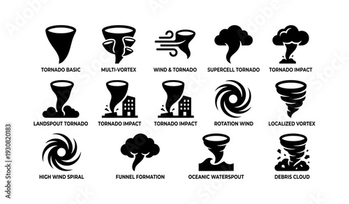 Tornado icon set: vortex, supercell, funnel, waterspout, debris cloud