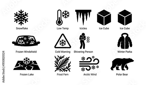 Winter symbols: snowflake, temperature, icicles, ice cube, frost, polar bear, arctic warning