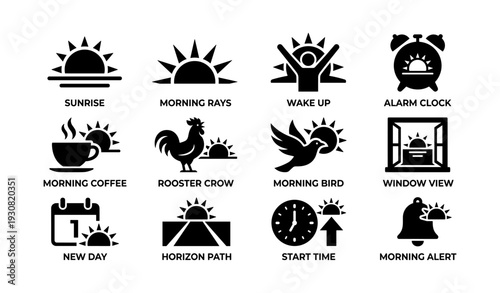 Morning symbol icons: sunrise, coffee, alarm clock, rooster, bird, window, calendar