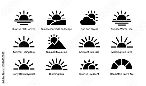 Sunrise icons: flat horizon, curved landscape, and abstract designs