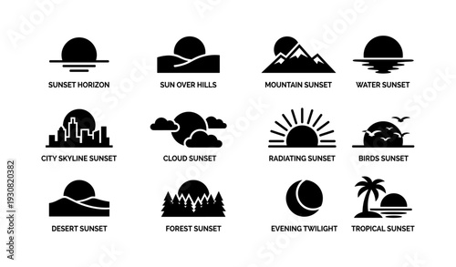 Silhouette sunset icons collection: nature, city, tropical, mountains