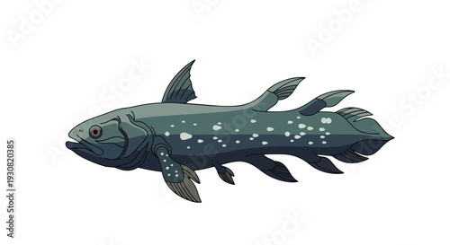 Artistic depiction of a coelacanth, an ancient fish with lobed fins, showcasing its unique prehistoric appearance and distinct markings.