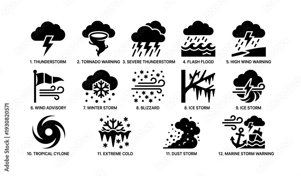 Obraz premium Weather icons: thunderstorm, tornado, cyclone, blizzard, marine warning