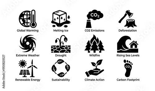 Climate change icons: global warming, melting ice, co2 emissions, deforestation, renewable energy