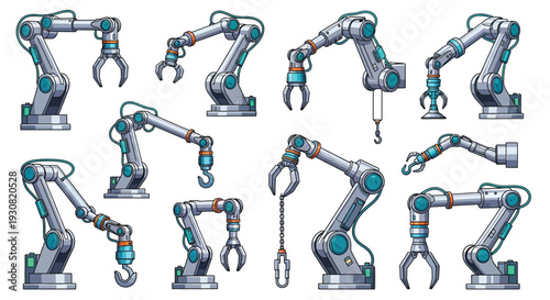 Collection of robotic arms in various positions and configurations