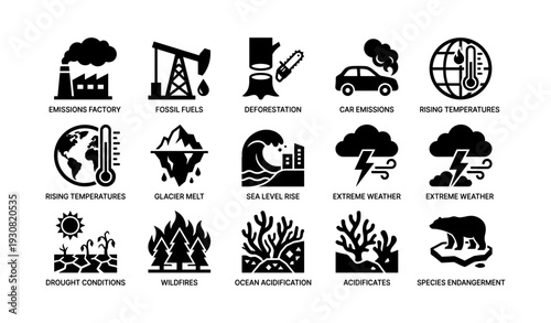 Environmental challenges icons: climate change, pollution, deforestation, global warming, wildlife threats