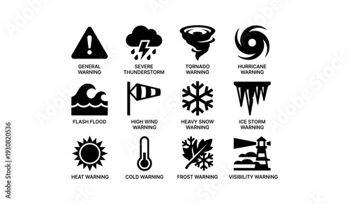 Weather warning icons: thunderstorm, tornado, hurricane, flood, heat, frost, visibility alerts