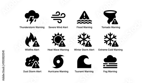 Weather alert icons: thunderstorm, flood, tornado, wildfire, hurricane, tsunami warnings