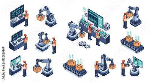 Automated factory with robotic arms conveyor belts and human workers