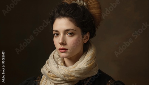 Woman Poses in a Traditional Outfit With a Scarf in a Studio Setting