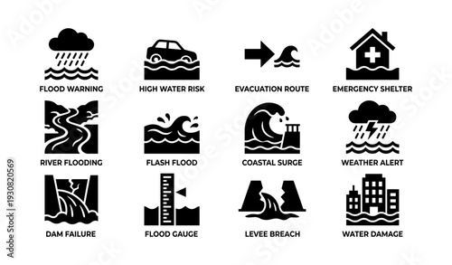 Weather and flood emergency icons: warning, risk, shelter, and safety signals