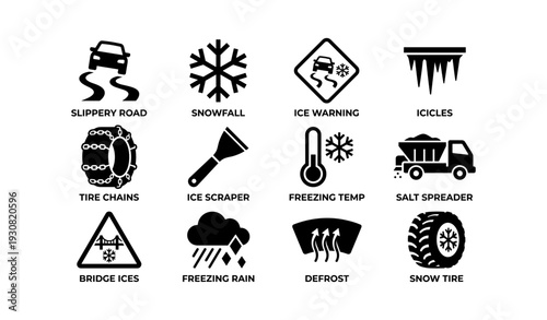 Winter safety icons: slippery roads, snowfall, ice warnings, tire chains, freezing rain