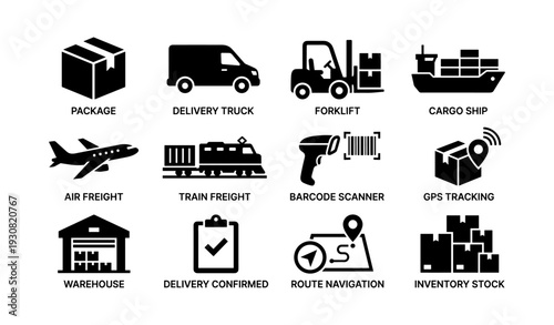 Logistics icons: package, delivery truck, forklift, cargo ship, air and train freight, barcode scanner