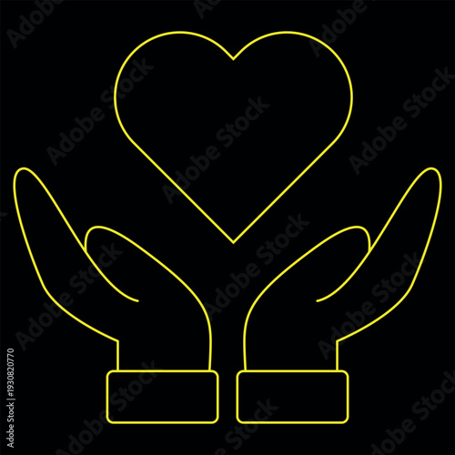 Hands cradling a heart shape glowing in a neon yellow outline