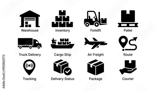 Logistics and shipping icons: warehouse, inventory, forklift, and transportation symbols