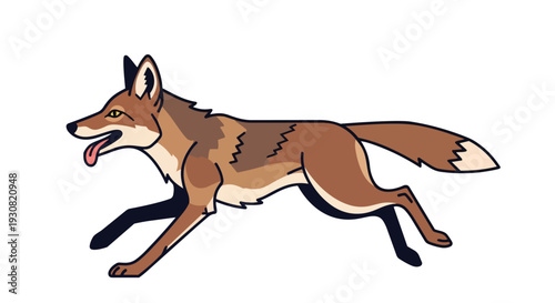 Dynamic illustration of a running coyote in a flat, stylized art style with a white background and bold outlines emphasizing movement and energy