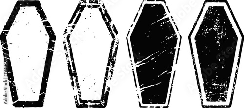 Grunge coffin silhouettes set with distressed textures vector black and white spooky halloween design elements