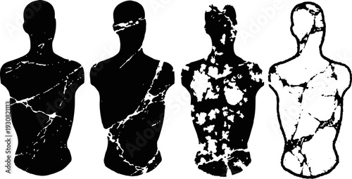 Abstract male torso silhouettes with cracked marble texture isolated on white background