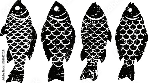 four vintage fish silhouettes with textured scales and simple details in black