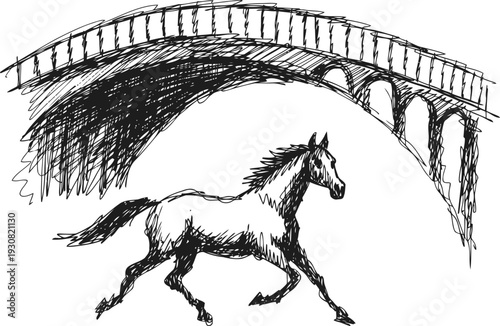 Black ink sketch of a horse running under an arched stone bridge with railing