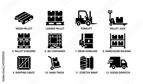 Warehouse equipment icons featuring pallet, forklift, and hand truck