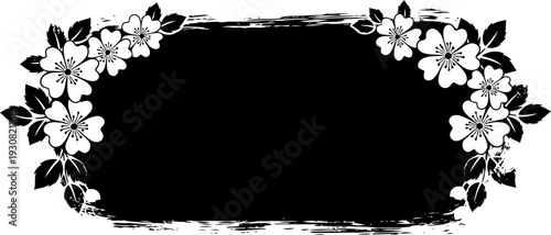 vintage floral frame with cherry blossom flowers and leaves in black and white design