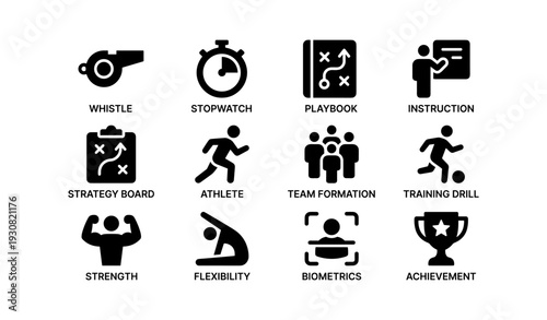 Sports coaching icons: whistle, stopwatch, playbook, instruction, strategy