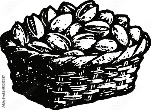 Basket woven basket filled with pistachio nuts opened shells, natural healthy snack, rustic vintage illustration