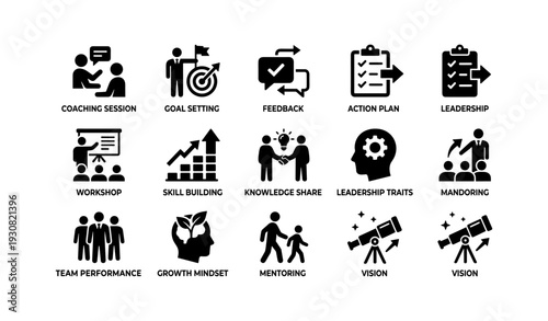 Icons representing coaching, leadership, teamwork, and vision for professional growth