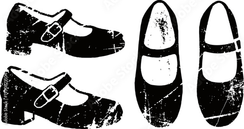 Vintage black mary jane shoes illustration with worn texture and buckle details