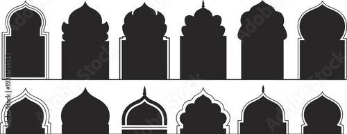 Islamic arch and mosque dome silhouette collection with Arabic architectural shapes, black flat vector illustration set