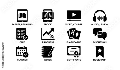 Educational icons: tablet, ebook, video, audio, quiz, progress, flashcards, discussion, planner, notes, certificate, bookmark