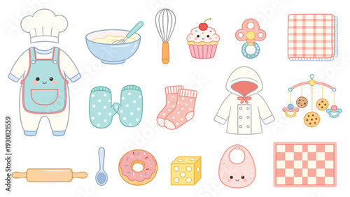 Cute baby stickers collection with toys, clothes, and accessories in a playful set