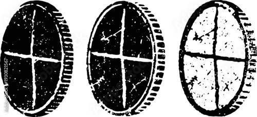Close up of three vintage textured coins with cross shaped markings, isolated on white background