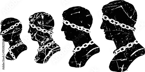 silhouettes of human heads in profile chained with shackles symbolizing oppression and captivity