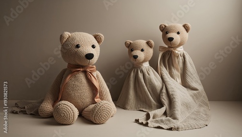 Cute Teddy Bears Made of Yarn Sit on a Table With Fabric Around Them in a War...