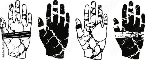abstract cracked hands illustration four stylized palm prints with texture variations and contrasting black and white designs