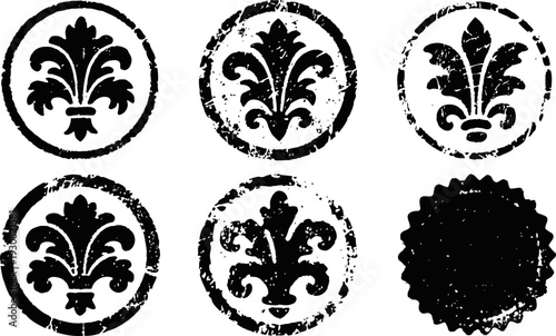 vintage fleur de lis emblems black silhouettes in circles with distressed texture