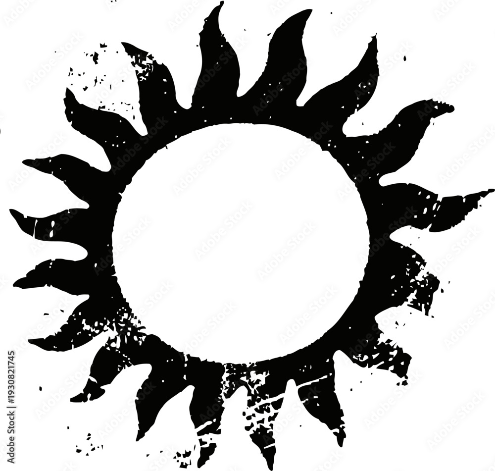 Naklejka premium grunge black sun symbol with curved rays, vintage distressed design element background