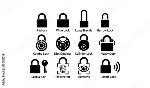 Various lock types and security icons including padlock, biometric, and smart lock symbols