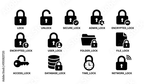 Icons of various security locks and access control elements