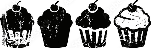 Four cupcakes with cherries on top in vintage black silhouette