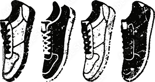 Set of sneaker silhouettes in black and white with grunge texture on transparent background
