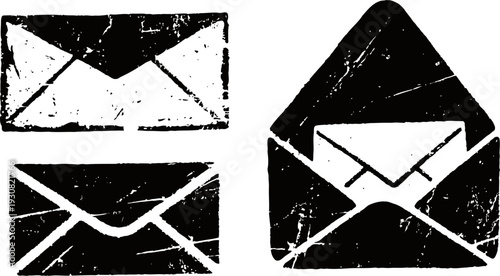 Black grunge postal envelope icons set with opened and closed mail illustration
